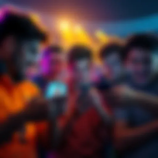 A group of soccer fans looking frustrated while discussing missing player cards, featuring images of popular players like Mbappe and Pedri on their phones.