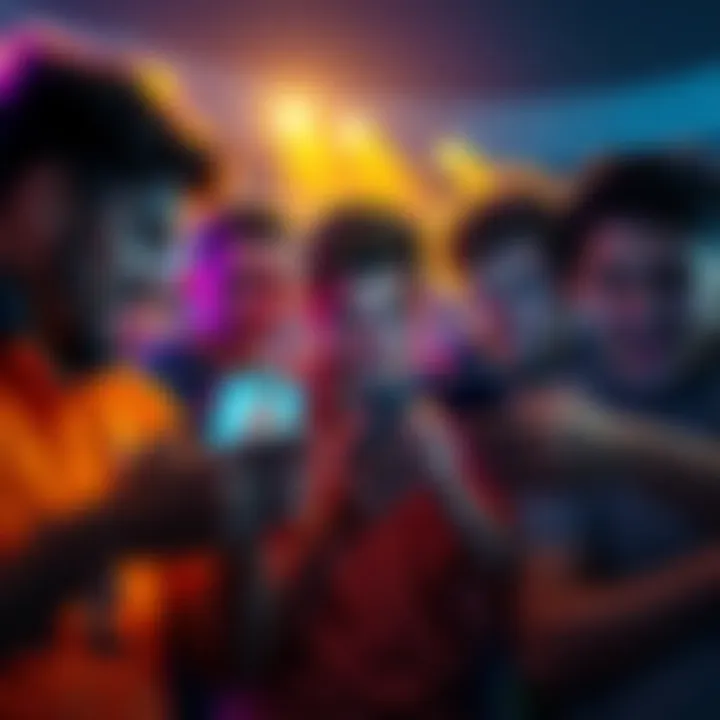 A group of soccer fans looking frustrated while discussing missing player cards, featuring images of popular players like Mbappe and Pedri on their phones.
