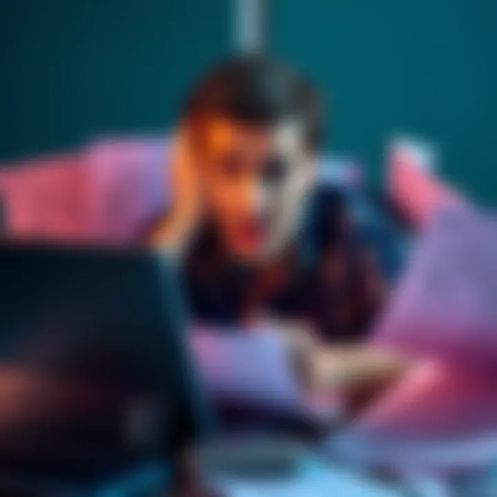 A person looking frustrated with a laptop, surrounded by survey forms, showing disappointment over being disqualified.