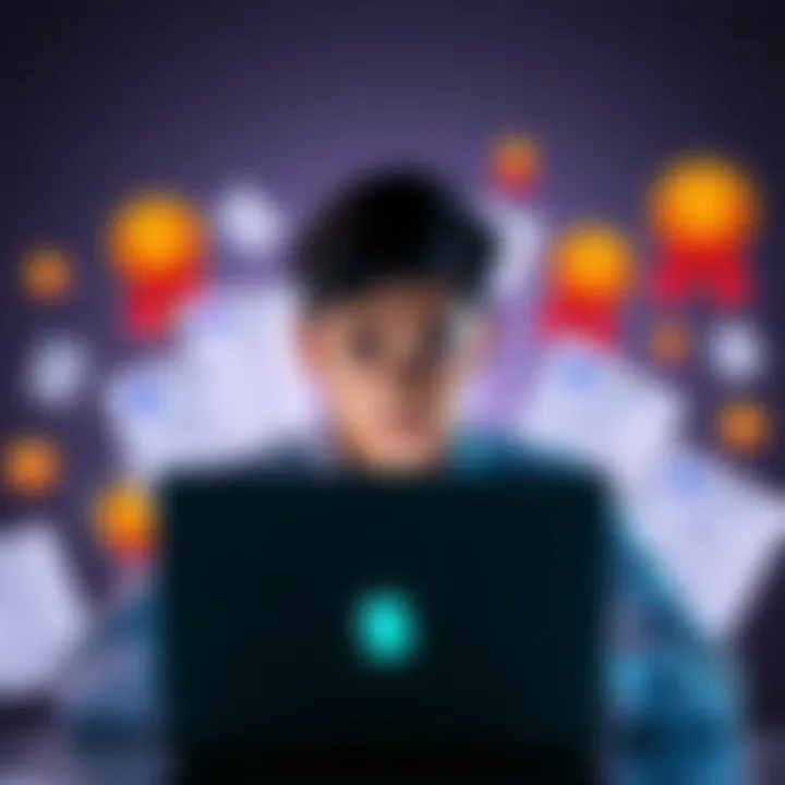 A person looking frustrated with a laptop, surrounded by survey forms and rewards icons