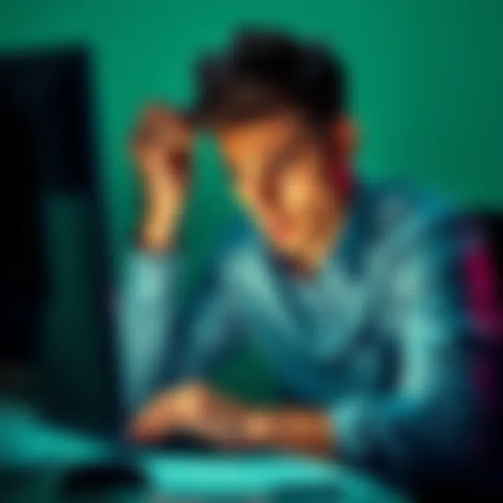 Frustrated individual with surveys A frustrated person sitting at a computer, looking at survey questions with a disappointed expression.