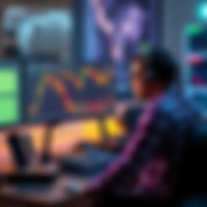 A trader sits at a desk looking frustrated at a computer screen displaying falling cryptocurrency charts and alerts for stop-loss orders.
