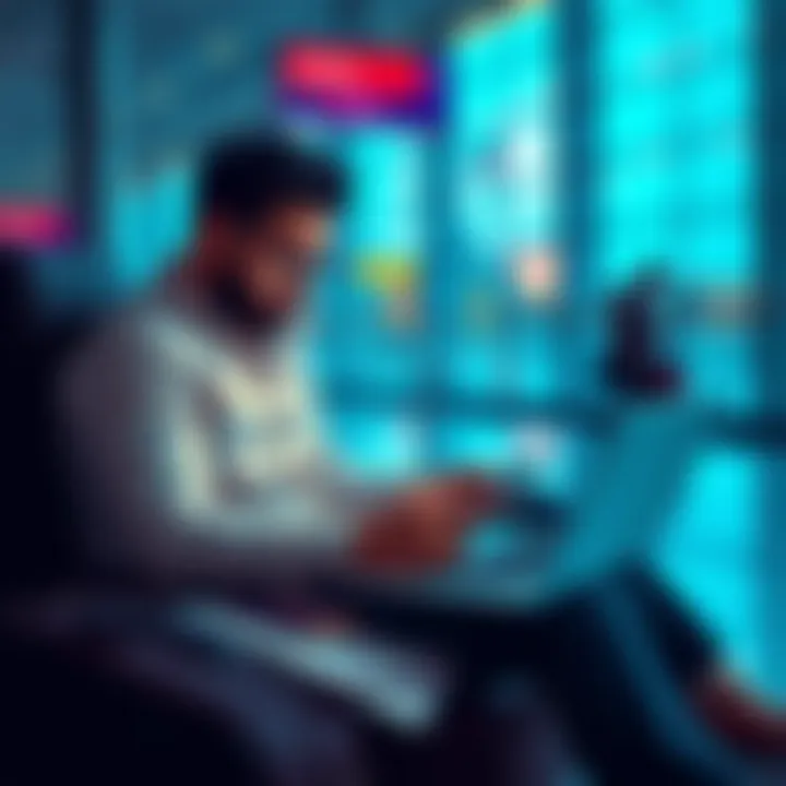 A traveler sitting at an airport with a laptop open, looking stressed while trying to manage cryptocurrency transactions on their phone. Papers and a passport are scattered around, showing the struggle with travel and crypto issues.