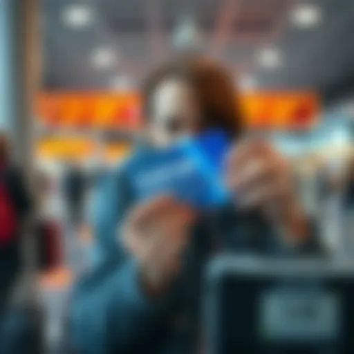 A traveler looking stressed while holding a suspended Curve card at an airport payment terminal