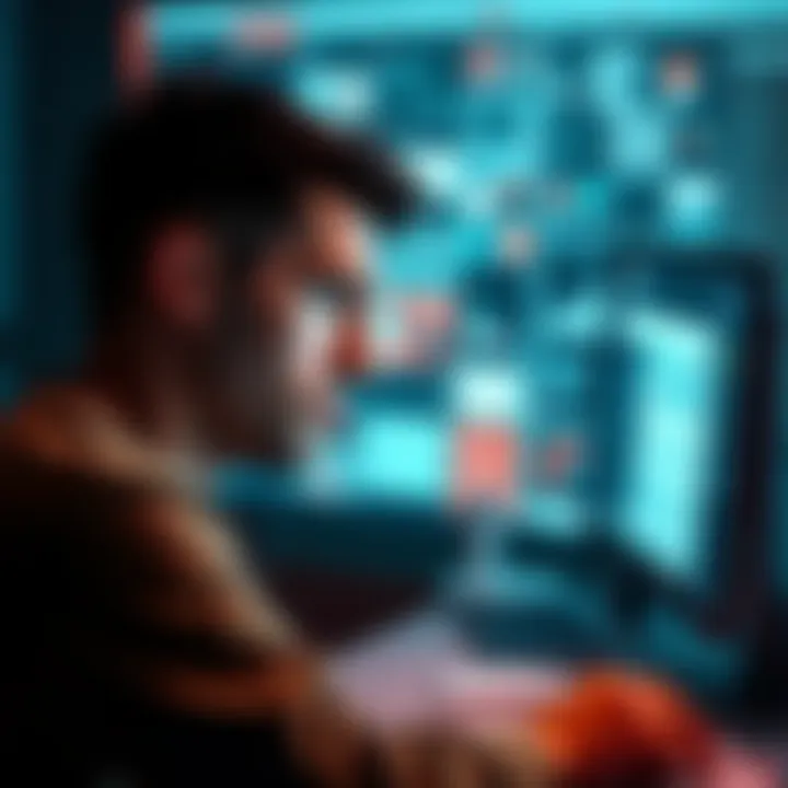 Frustrated User at a Computer A person looking confused at their computer screen filled with chaotic designs and navigation elements, illustrating the frustration with a recent redesign.