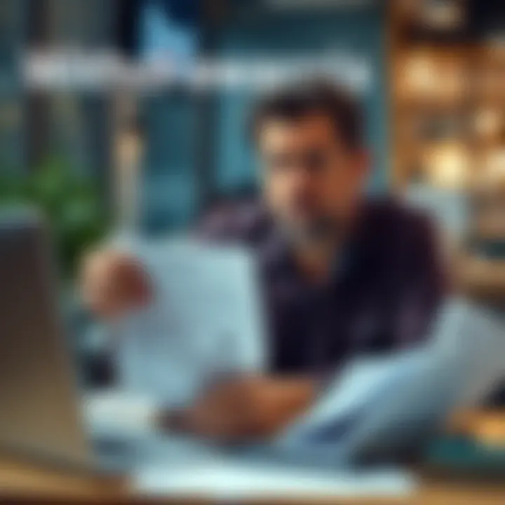 A person looking upset while holding a withdrawal request form, with a laptop and a closed bank statement nearby.