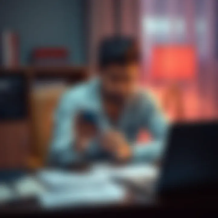 A person sitting at a desk looking frustrated while holding their Ellipal wallet, surrounded by papers and a laptop, indicating a struggle with their funds being stuck.