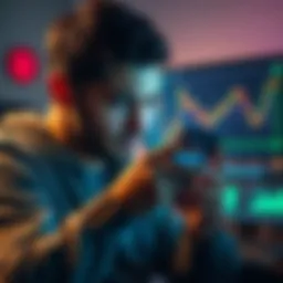 Frustrated user checking Ledger app A person looking frustrated while checking delay notifications on the Ledger Live app, with a phone in hand and a computer screen in the background displaying crypto information.