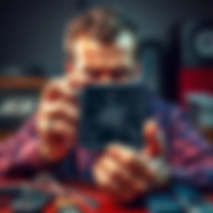 A person looks disappointed while holding a Ledger Nano S device with a broken screen, surrounded by replacement devices and repair tools.