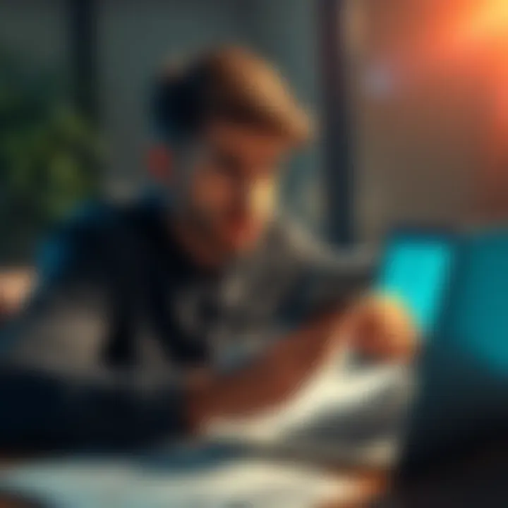 A person looking worried while checking their phone, representing frustration over lost cryptocurrency funds. They are sitting at a desk with paperwork and a laptop in the background.
