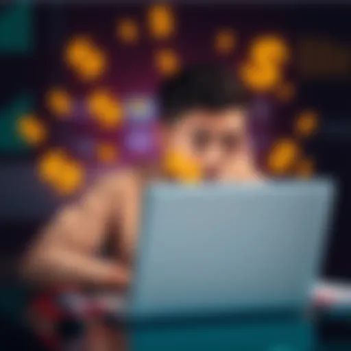 A person looking distressed while using a laptop to attempt a money transfer, surrounded by financial symbols