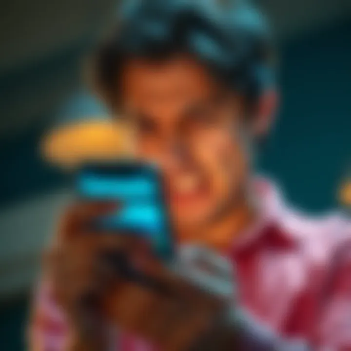 A frustrated person staring at a smartphone showing unwanted notifications from an app.