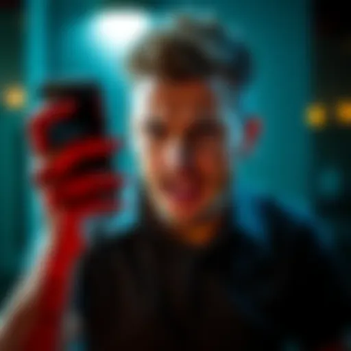 A person showing frustration while looking at their smartphone, displaying an app with a message about missing downloads.