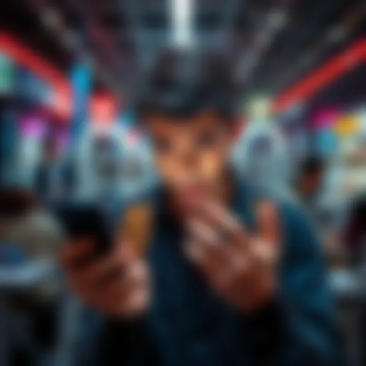 Frustrated user holding a smartphone A person looks frustrated while holding a smartphone, indicating issues with an app. The background shows a busy environment reflecting the user's stress.
