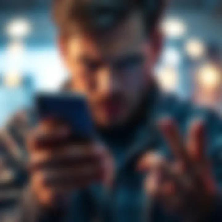 A person looking annoyed while reading spam emails on a smartphone, symbolizing frustration with Revolut's spam and account deactivation issues.