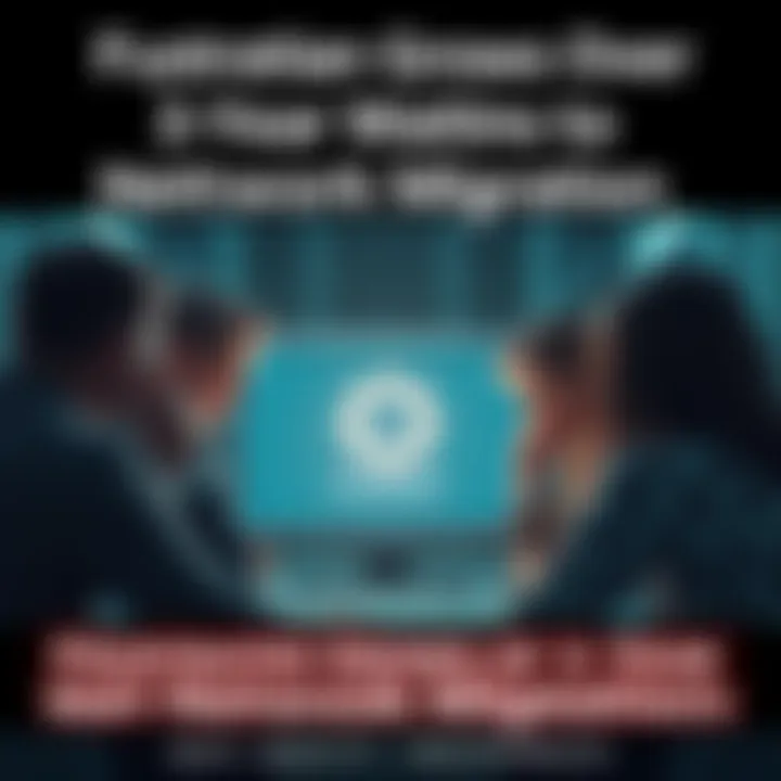 A group of frustrated people looking at a computer screen with a loading icon, symbolizing the long wait for network migration.