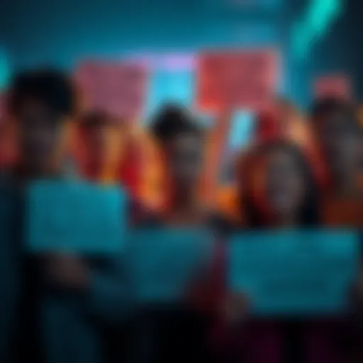 A group of frustrated people expressing concern over delayed migrations in Pi Network, with some holding signs that read about waiting and responsiveness issues.