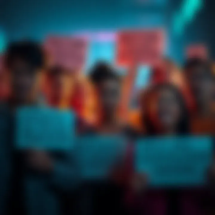 A group of frustrated people expressing concern over delayed migrations in Pi Network, with some holding signs that read about waiting and responsiveness issues.