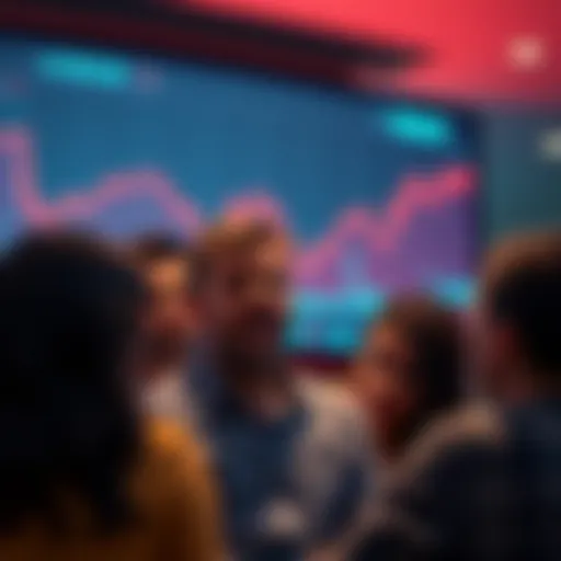 A group of people expressing frustration while viewing a digital portfolio line chart on a screen, showing inconsistent data.