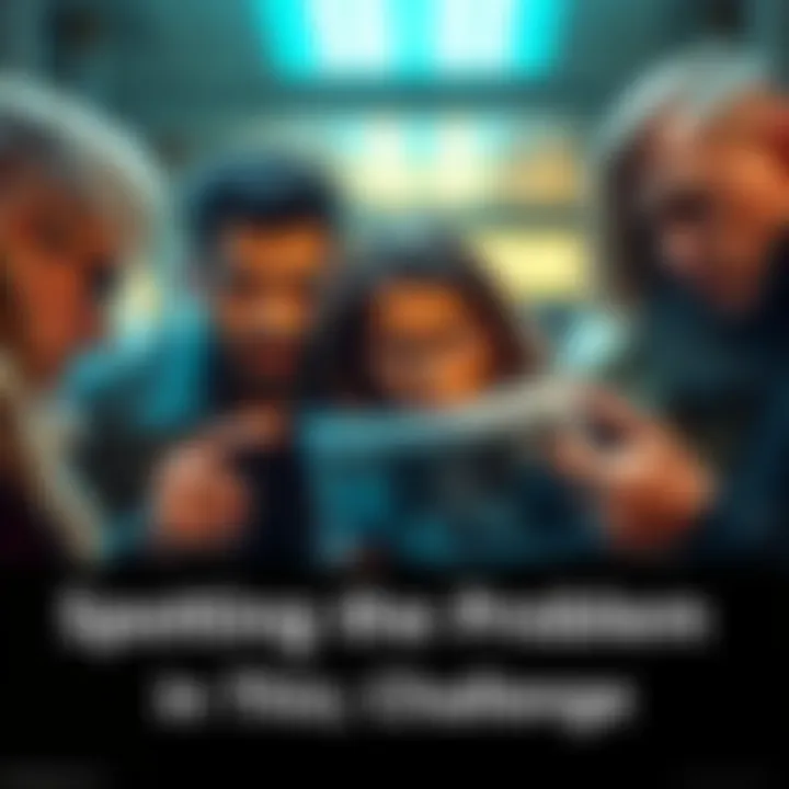 A group of people examining a photo for hidden issues, looking puzzled and engaged in discussion.
