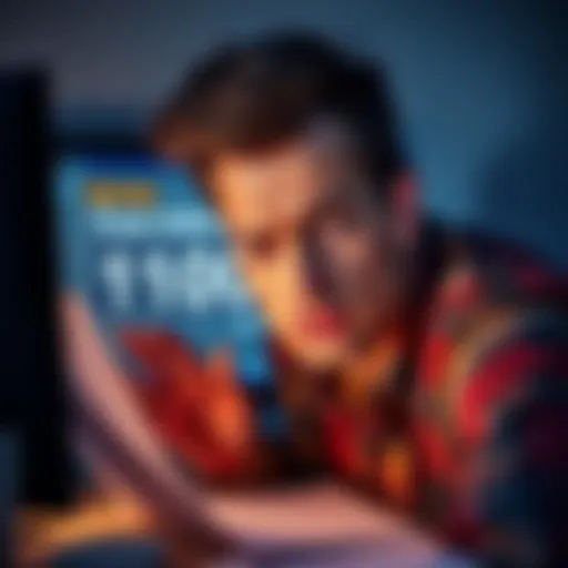 A person looking annoyed while checking a survey timer on a computer screen, surrounded by survey forms