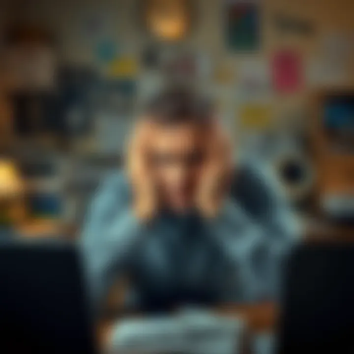 A person with a frustrated expression, sitting at a cluttered desk with their head in their hands, showing signs of stress and discomfort
