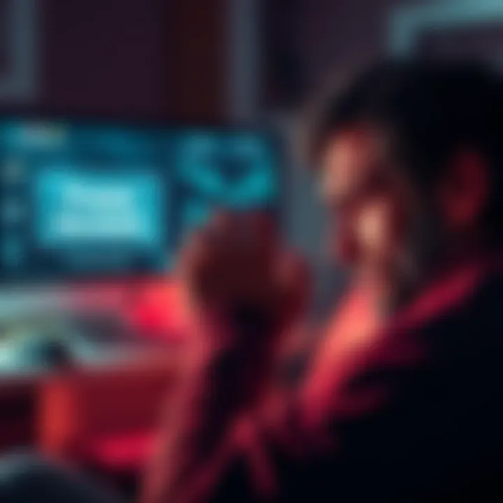 A person looks stressed while staring at a computer screen showing a frozen account message, symbolizing issues with Kraken.