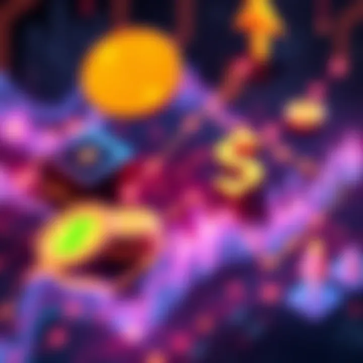 A visual representation of a digital portfolio with graphics of cryptocurrency symbols and a dollar sign indicating high value.