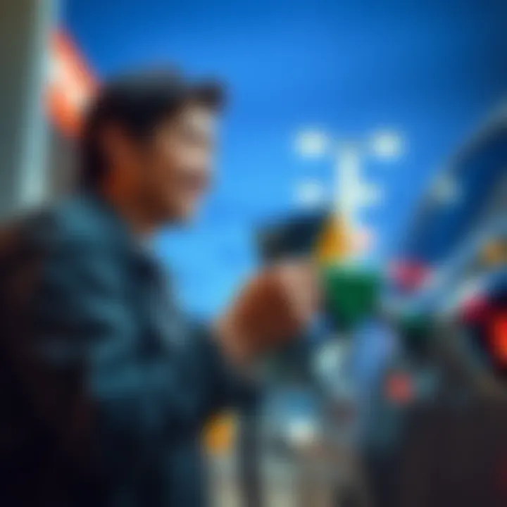 A person fueling a car at a gas station while holding a #BitMartCard, smiling at the cashback rewards they can earn.