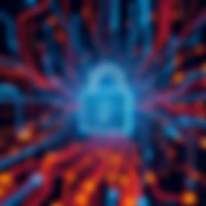 A digital illustration showing the concept of Fully Homomorphic Encryption with data flowing securely through a lock symbol, representing advanced data privacy and security.
