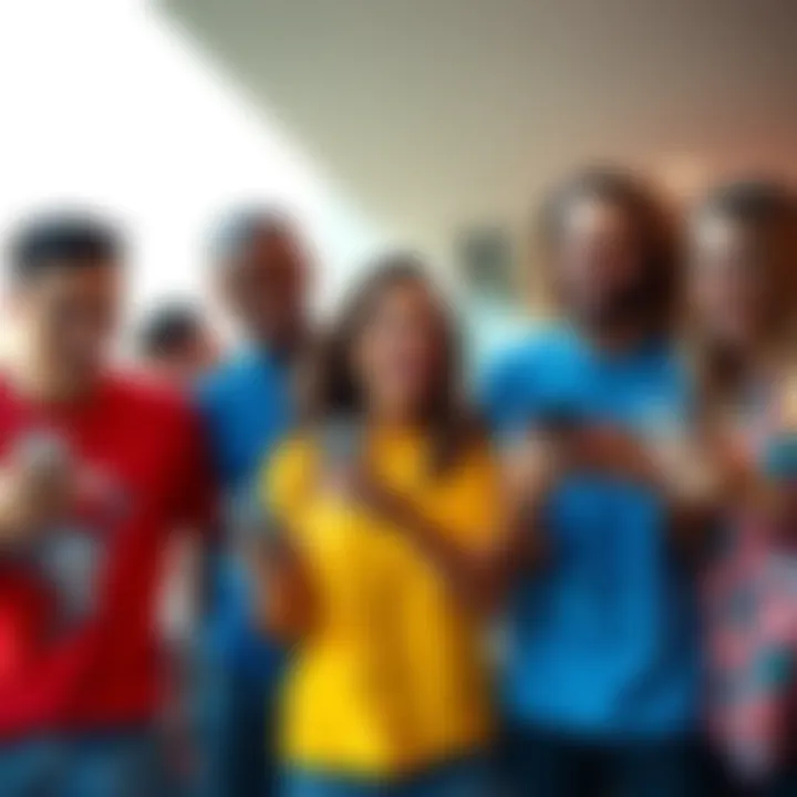 A group of friends laughing and sharing memes on their phones while wearing colorful summer t-shirts.