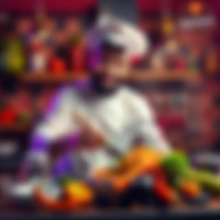 A chef humorously mixing bizarre ingredients in a colorful kitchen, showcasing a wild fusion dish