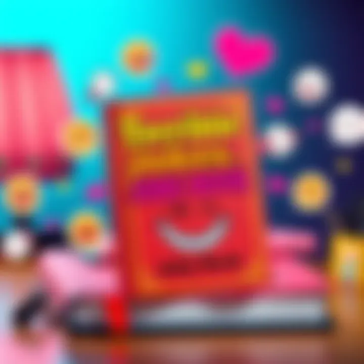 A colorful joke book with a smiling face on the cover, surrounded by laughter icons.