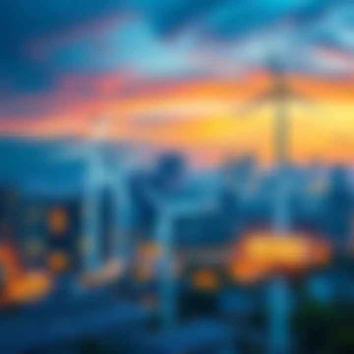 A city skyline with solar panels and wind turbines, symbolizing affordable energy solutions for homes and businesses.