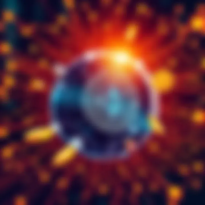 A digital representation of cryptocurrencies with symbols like Bitcoin and Ethereum around a globe, depicting technology impacting banking and transactions