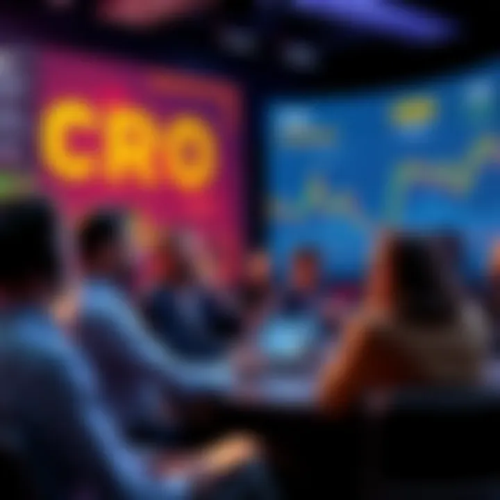 A group of experts discussing cryptocurrency trends at a conference, with charts showing price trends and graphs in the background.