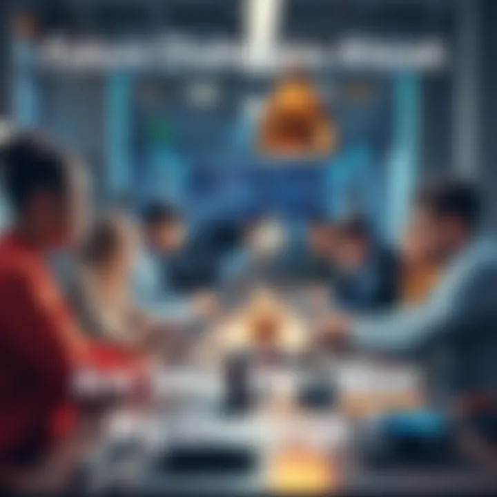 A group of diverse people collaborating around a table with technology and tools, discussing ideas to tackle future challenges.