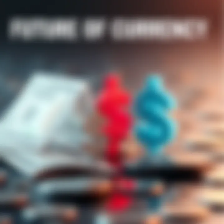 A visual representation showing cash and digital currency symbols side by side, highlighting the contrast between physical money and digital transactions.