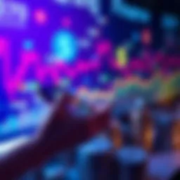 A person using a smartphone to manage finances with digital graphs and currency symbols in the background.