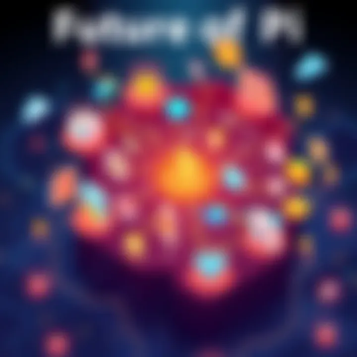 A visual representation of the Pi Network ecosystem with illustrated apps and symbols of user engagement, showcasing its future potential and community involvement.