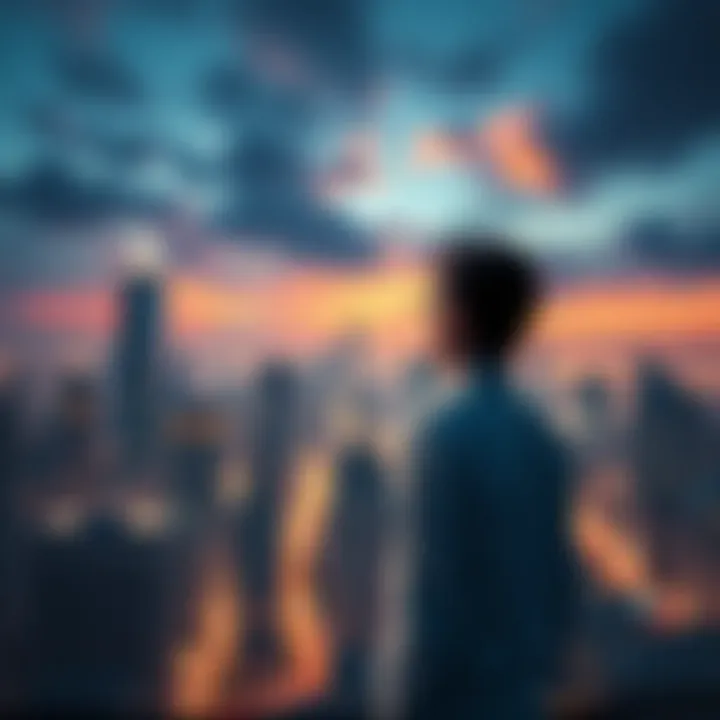 A person looking out over a city skyline, deep in thought about potential future challenges.