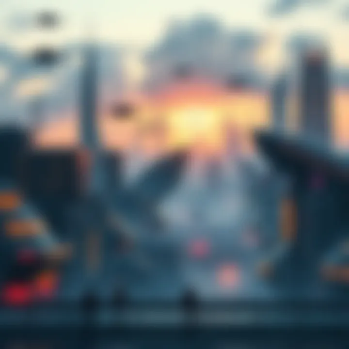 Future Technology Concepts A futuristic city skyline featuring advanced buildings, flying vehicles, and people using new technology.