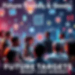 A group of diverse people discussing their future goals and targets, surrounded by symbols of innovation and technology.