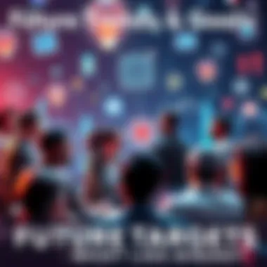 A group of diverse people discussing their future goals and targets, surrounded by symbols of innovation and technology.