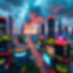 A futuristic city skyline with technology and green spaces, showcasing advancements in urban living.