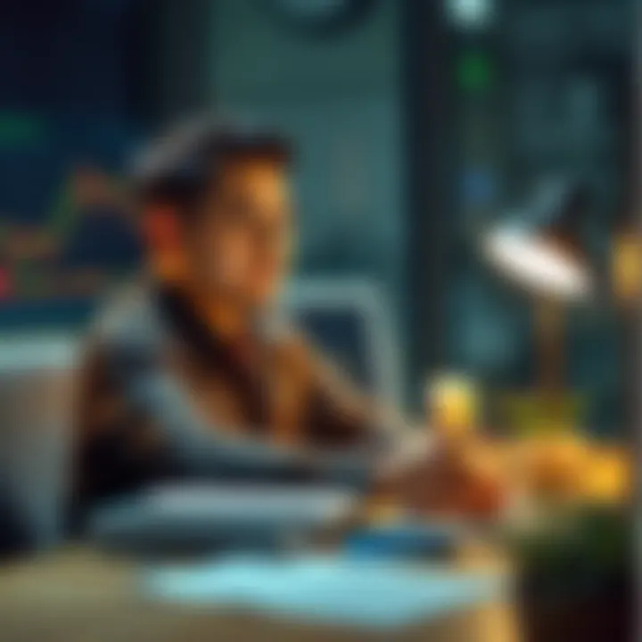 A new futures trader sits at a desk with a laptop, looking at charts and notes, contemplating their trading journey. They have a thoughtful expression as they seek advice to turn trading into a full-t...