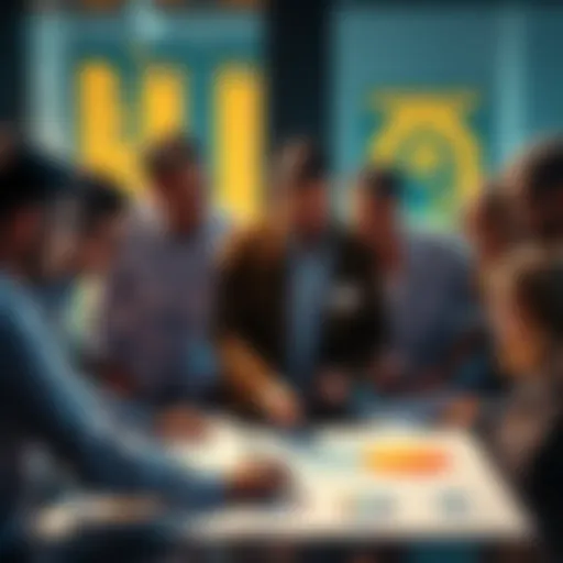 A group of people collaborating over a chart illustrating the G2 method and its applications in various fields.