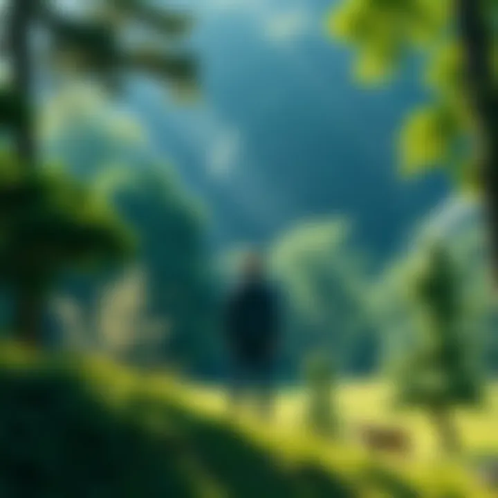 A vibrant scene showing a person standing in a lush green forest, surrounded by trees and wildlife, symbolizing the connection to nature inspired by Gaia.