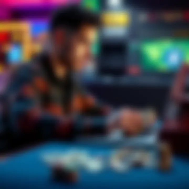 A person sits at a table with a laptop, counting cash from gambling earnings while looking at a digital crypto wallet on the screen.