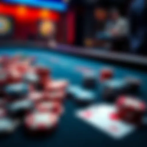 A close-up of a gambling table filled with colorful chips and a few playing cards, symbolizing a high-stakes betting experience.